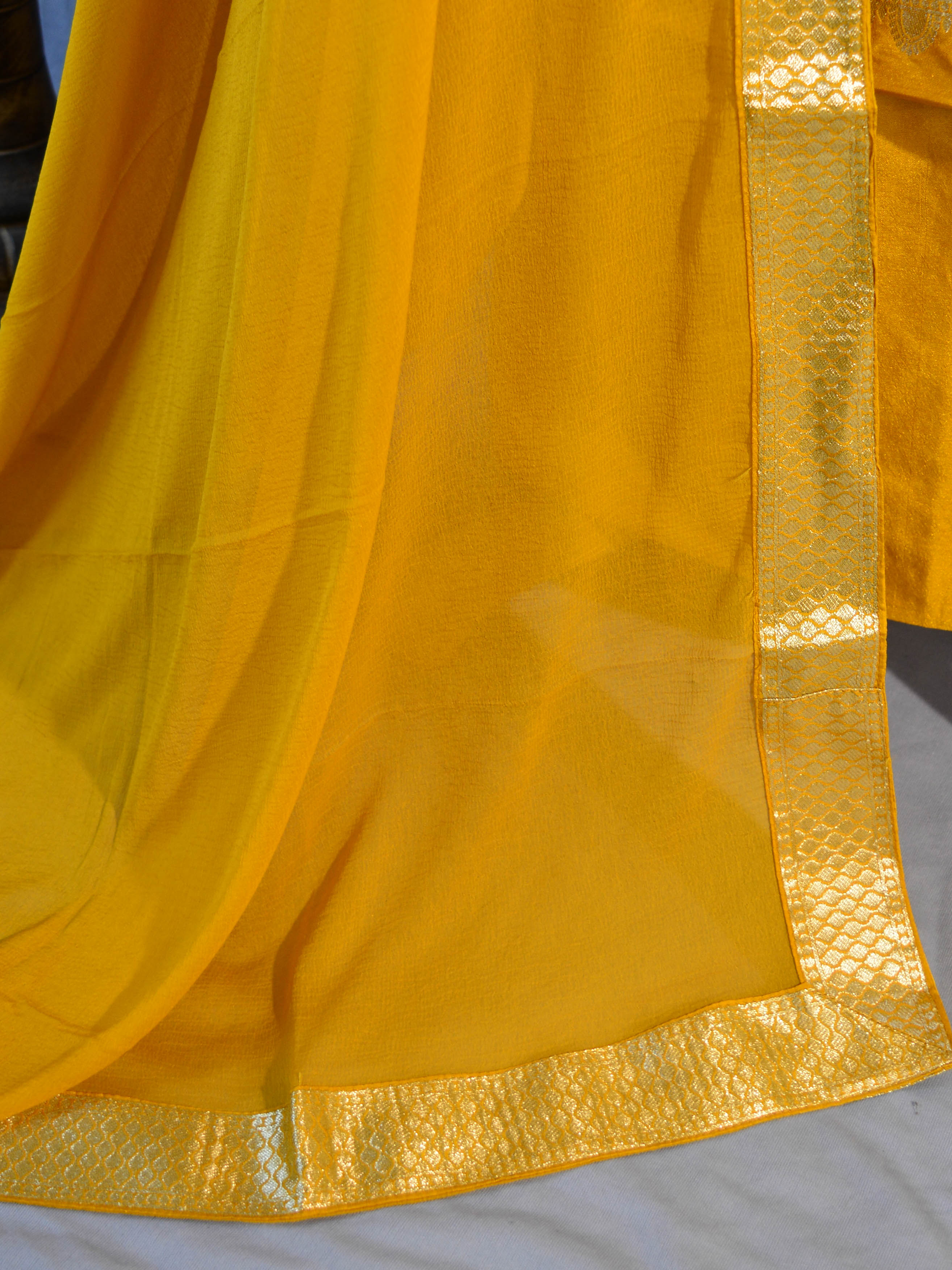 Banarasee Salwar Kameez Semi Katan Silk Fabric With Zari Design & Chiffon Dupatta-Yellow