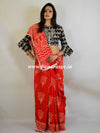 Handloom Mul Cotton Bagru Print Saree With Pom-Pom Details-Red