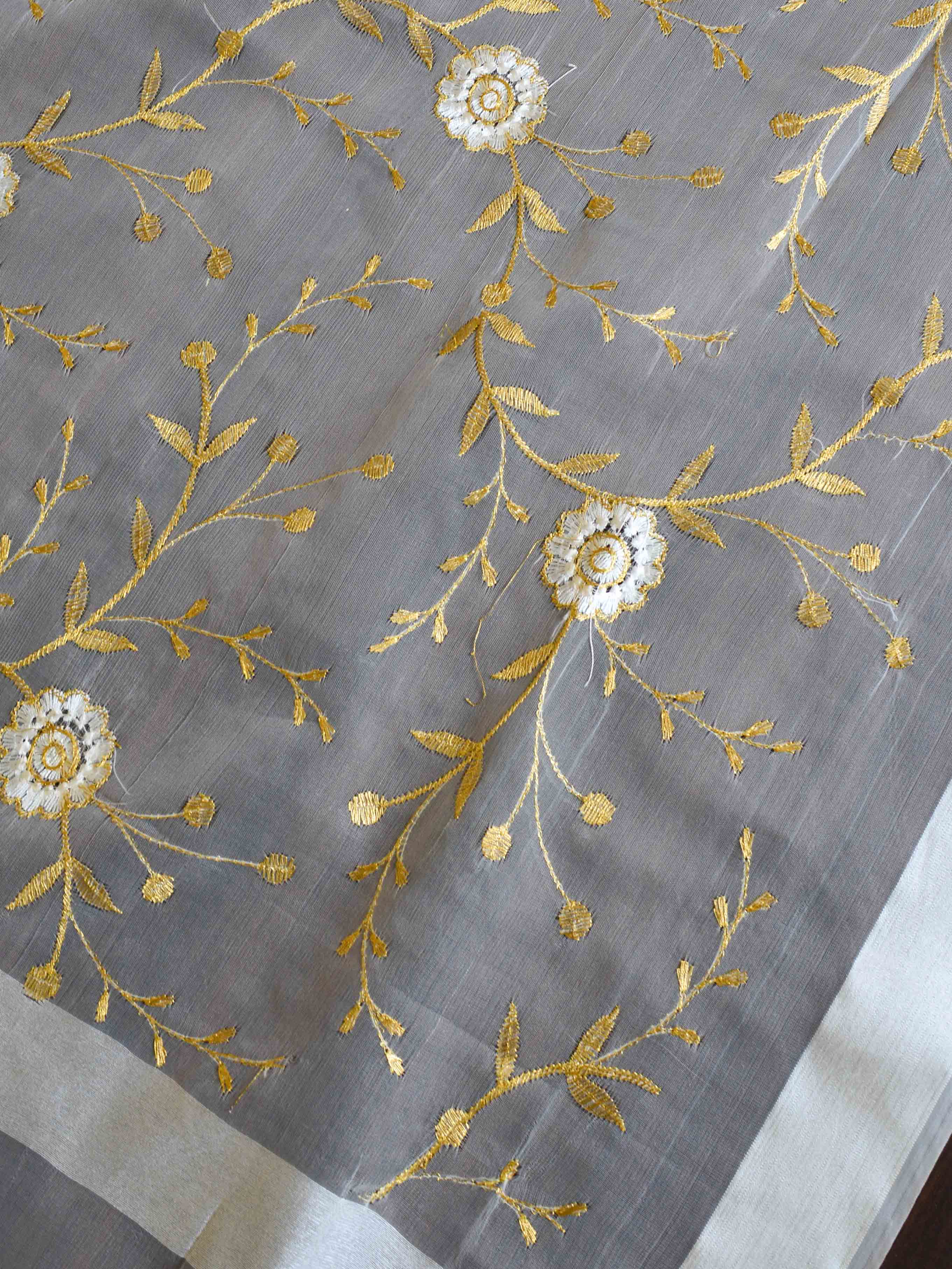 Banarasee Embroidered Gold Jaal Design Organza Dupatta-White