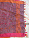 Bhagalpuri Pure Ikkat Kameez With Wine Linen Dupatta-White