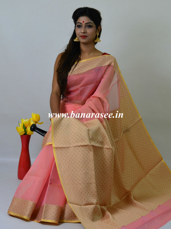 Banarasee Cotton Silk Saree With Resham Border-Pink