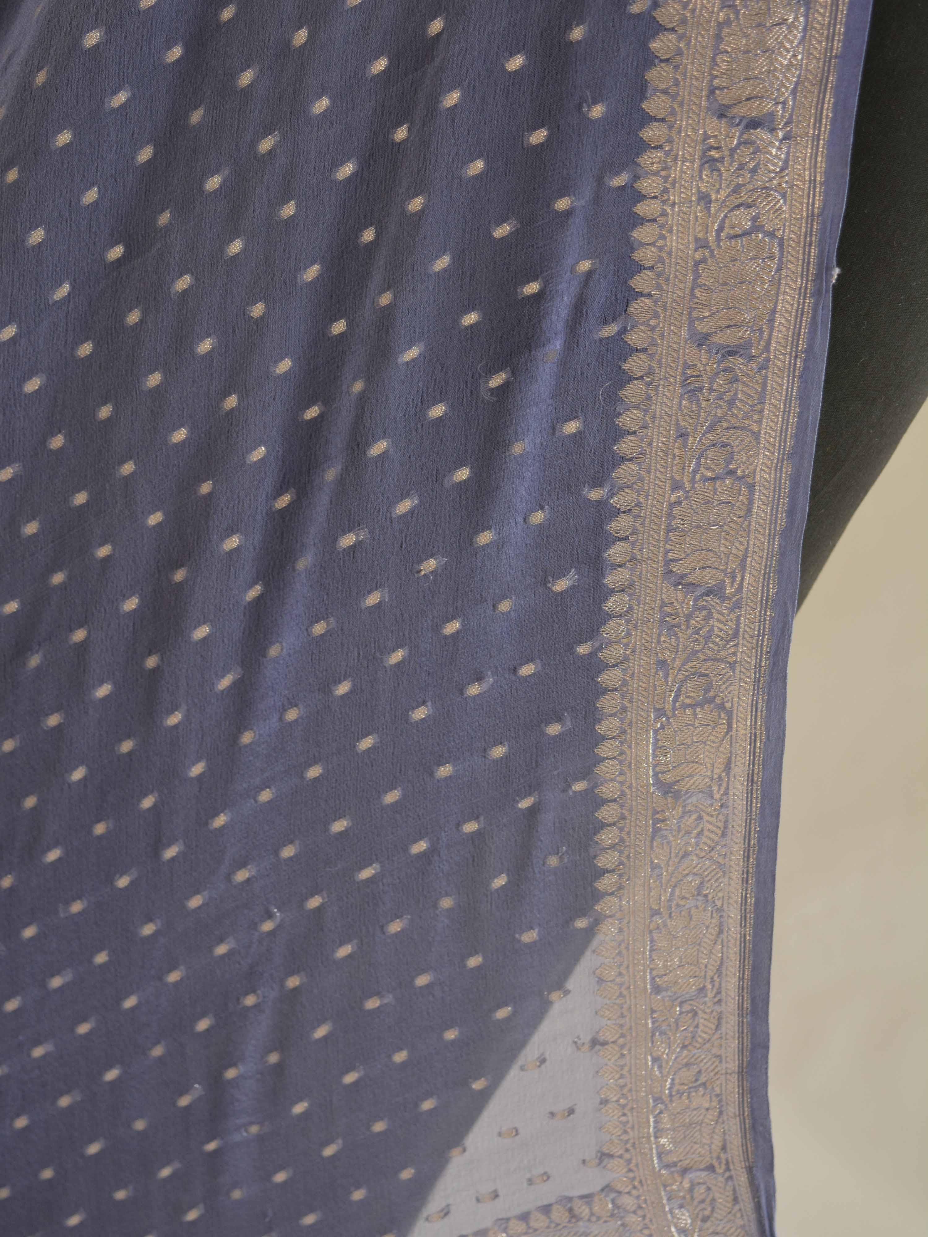 Banarasee Handwoven Pure Chiffon Dupatta Buti Design In Silver Zari-Grey