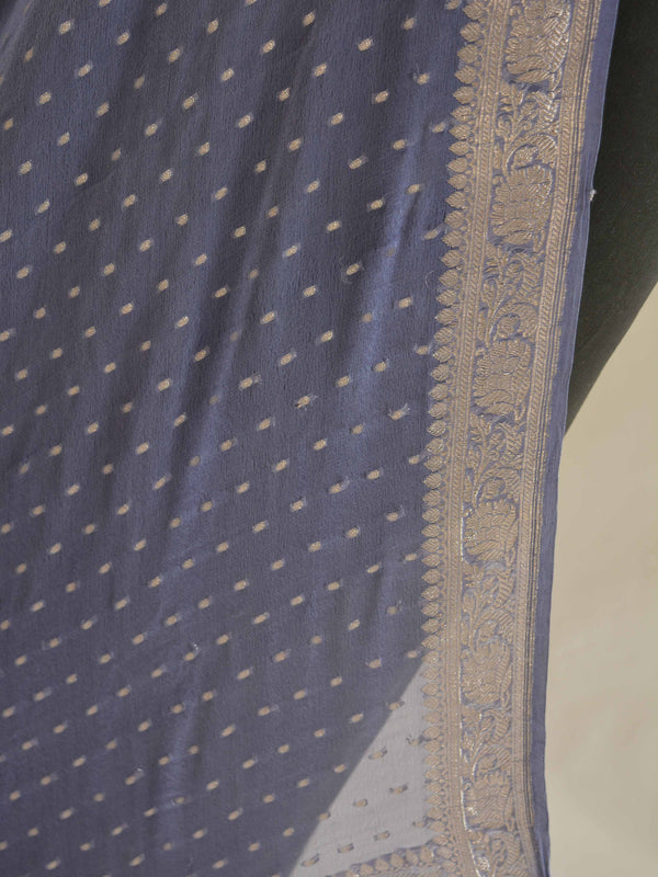 Banarasee Handwoven Pure Chiffon Dupatta Buti Design In Silver Zari-Grey