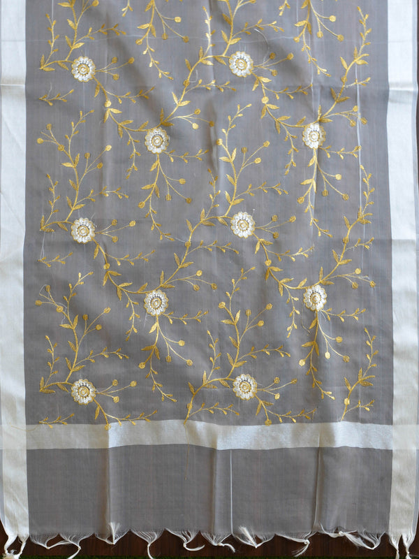 Banarasee Embroidered Gold Jaal Design Organza Dupatta-White
