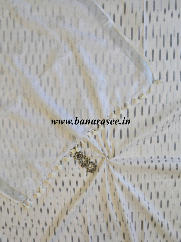 Bhagalpuri Pure Ikkat Kameez With Linen Dupatta-White