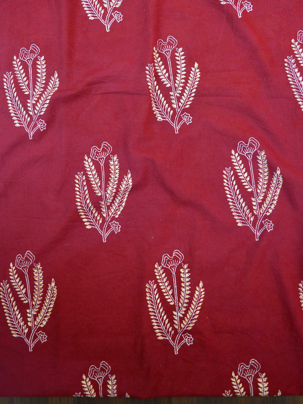 Handloom Mul Cotton Handblock Printed Suit Set-Maroon & Pink
