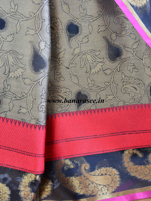 Banarasee Cotton Silk Tanchoi Weave Saree With Paisley Zari & Resham Border-Brown