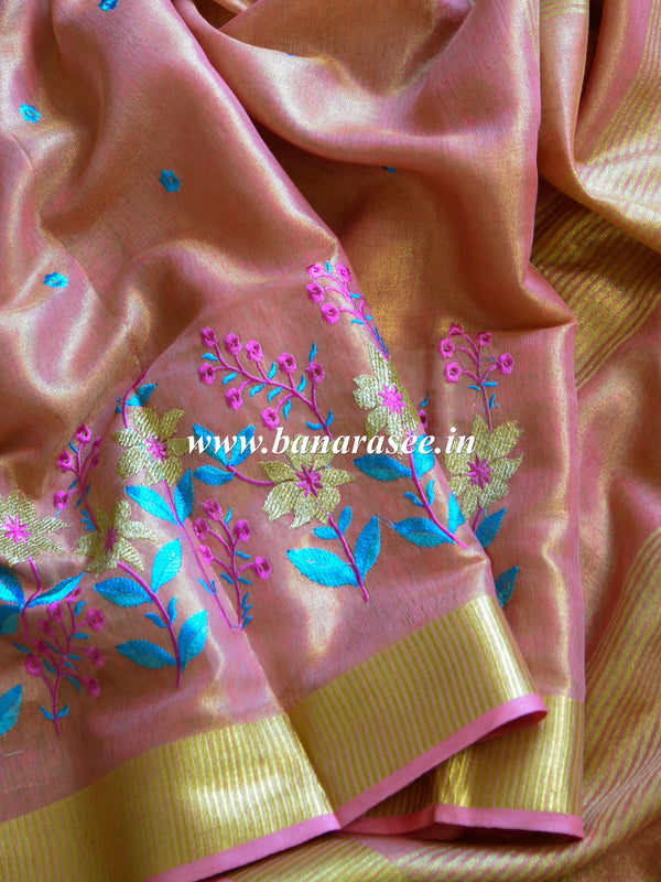 Banarasee Handloom Pure Linen By Tissue Embroidered Saree-Peach(Gold Tone)