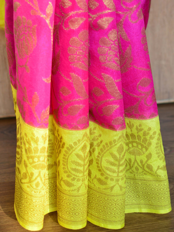 Banarasee Handwoven Semi Silk Saree With Contrast Border-Yellow & Pink