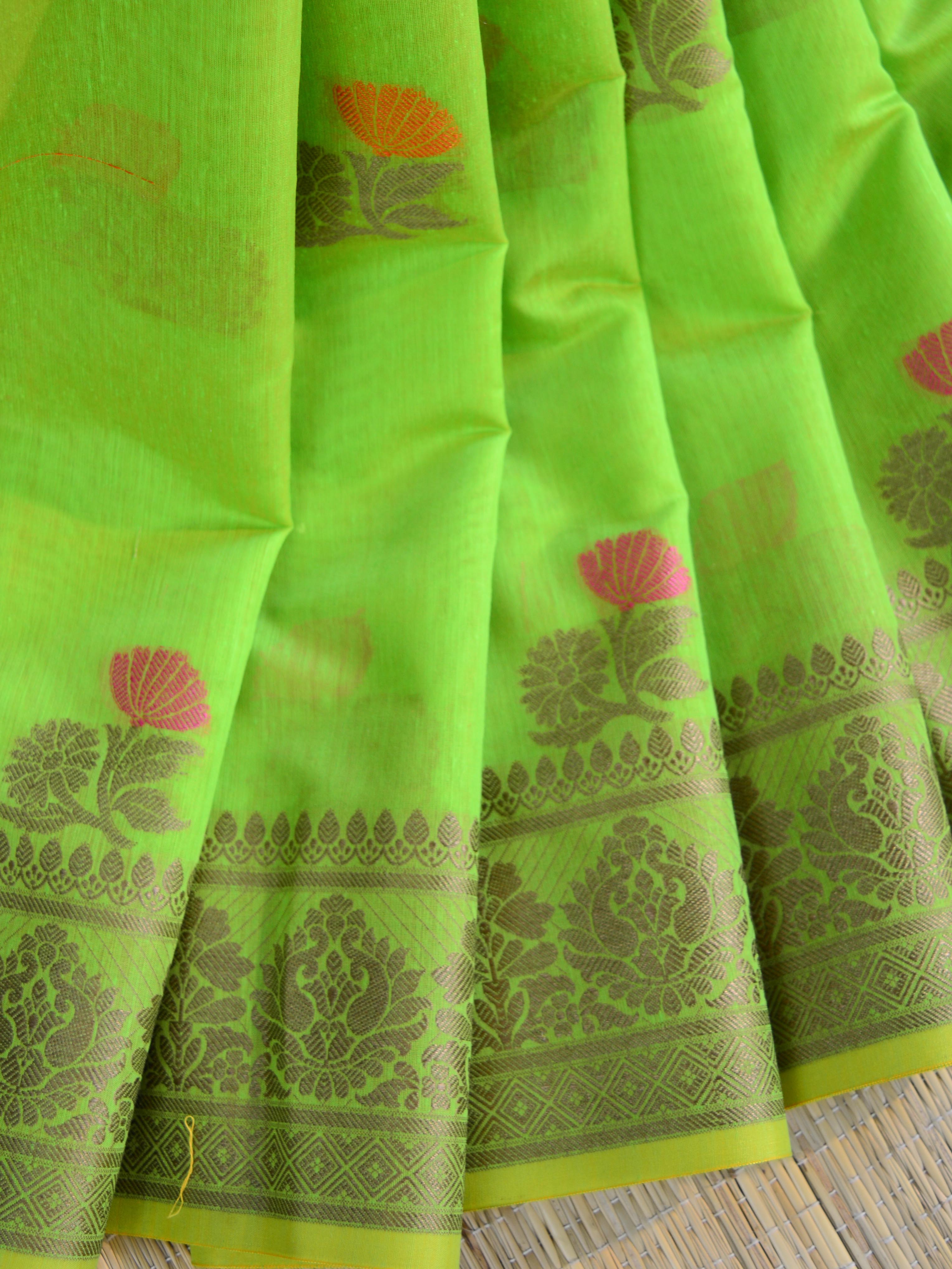 Banarasee Chanderi Cotton Saree With Resham Buti & Border-Green