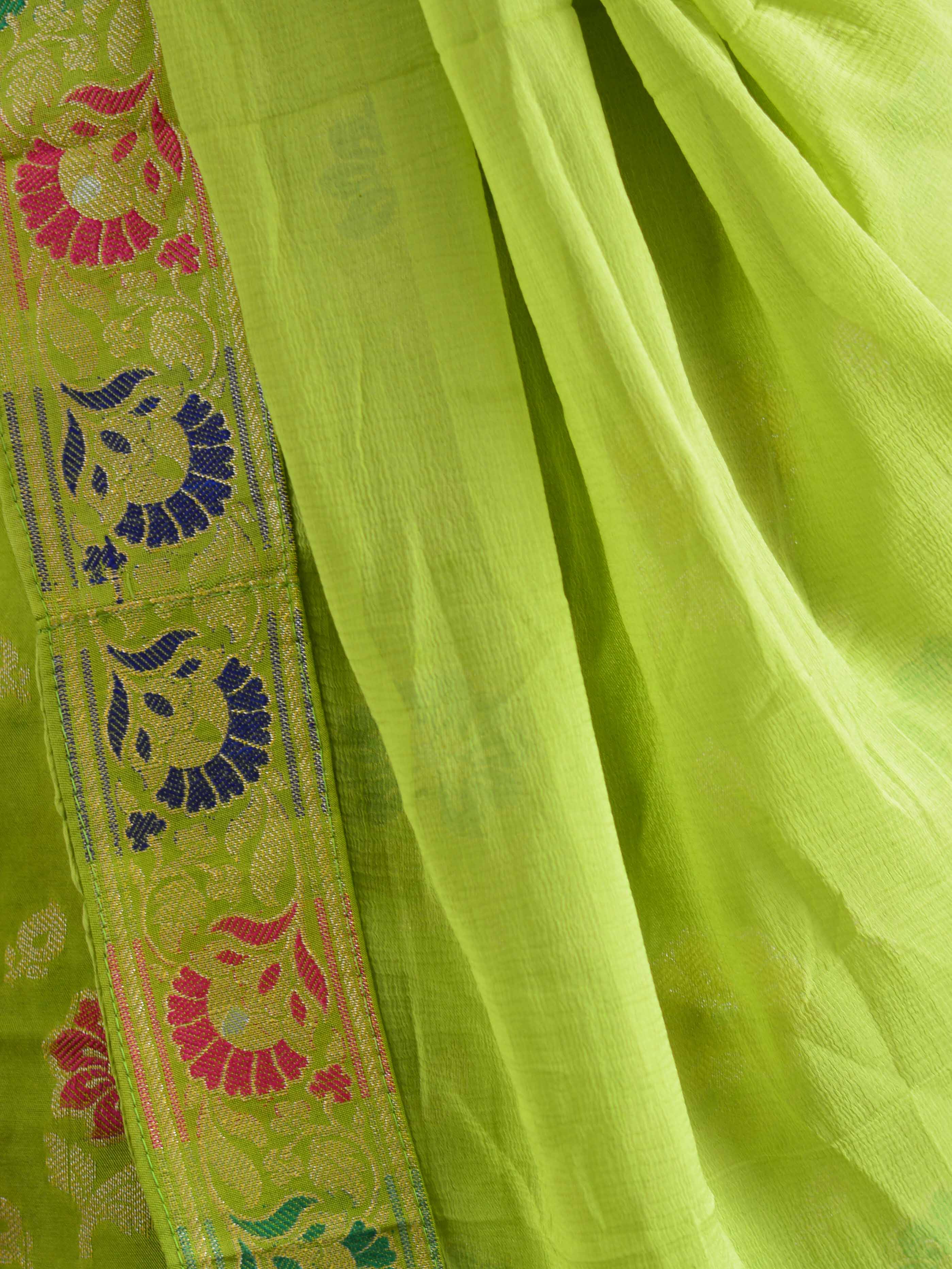 Banarasee Salwar Kameez Semi Katan Silk Zari Buti Fabric With Chiffon Dupatta-Green