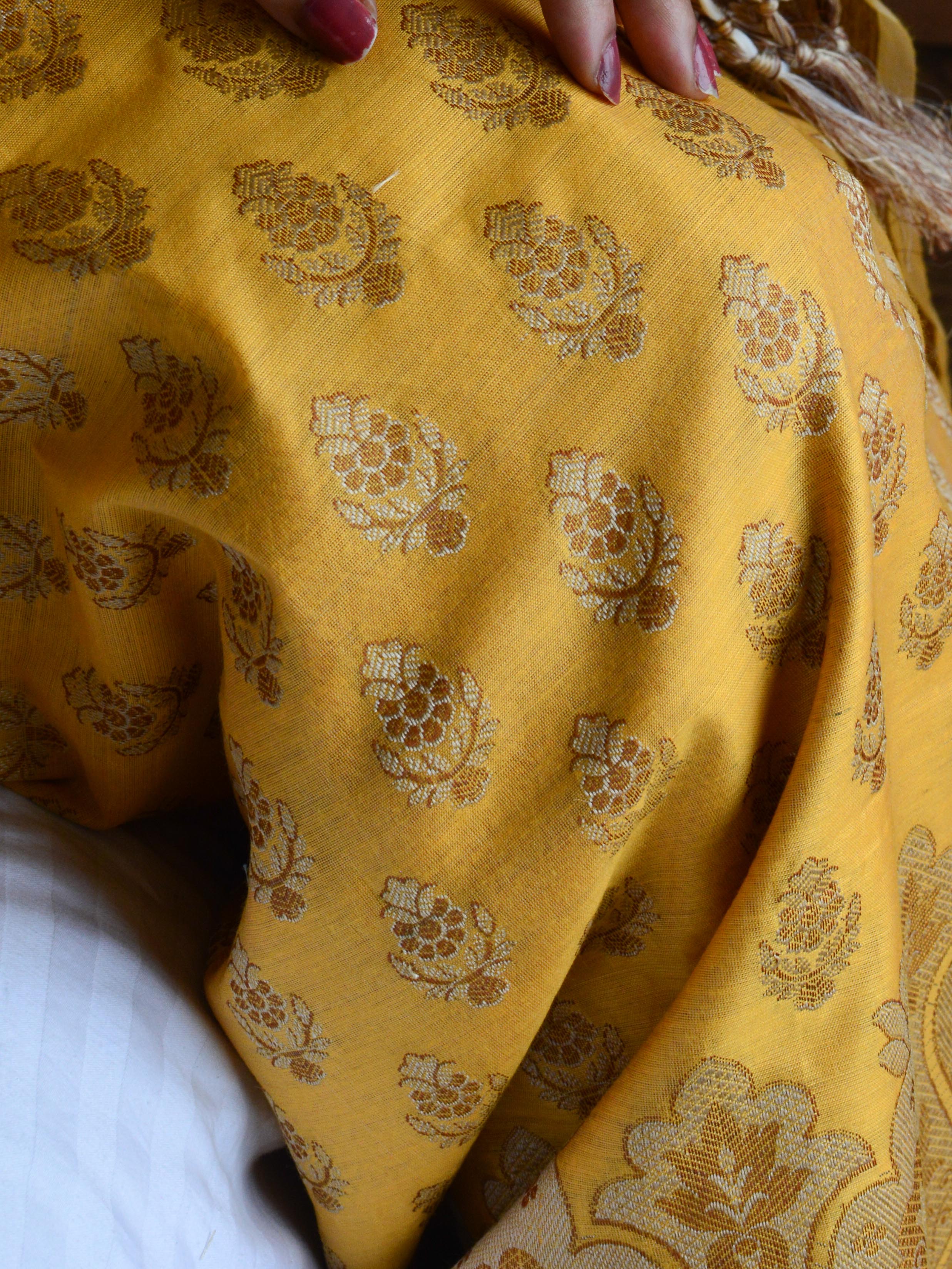 Banarasee Salwar Kameez Cotton Silk Resham Buti Woven Fabric-Yellow