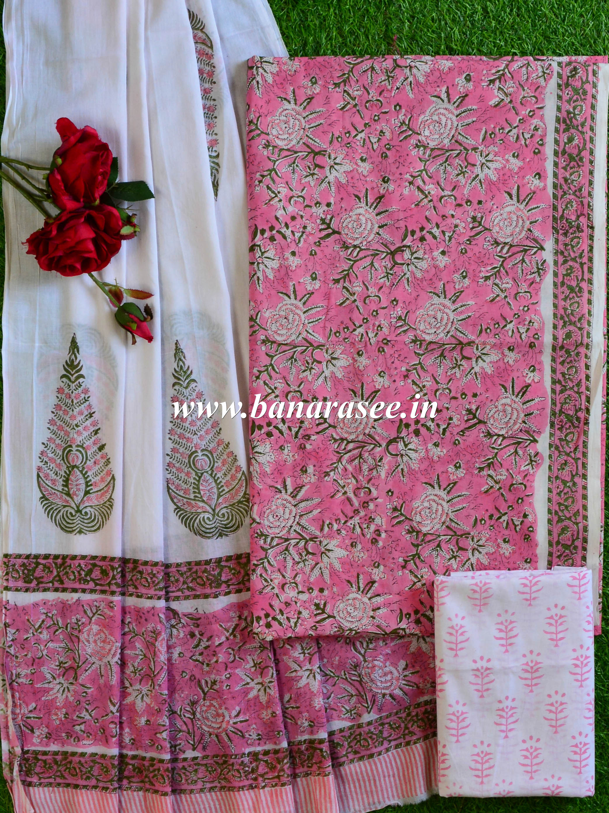 Handloom Mul Cotton Batik Pattern Suit Set-White & Pink