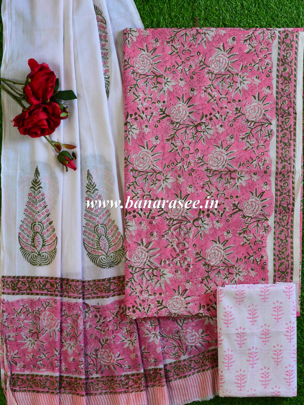 Handloom Mul Cotton Batik Pattern Suit Set-White & Pink