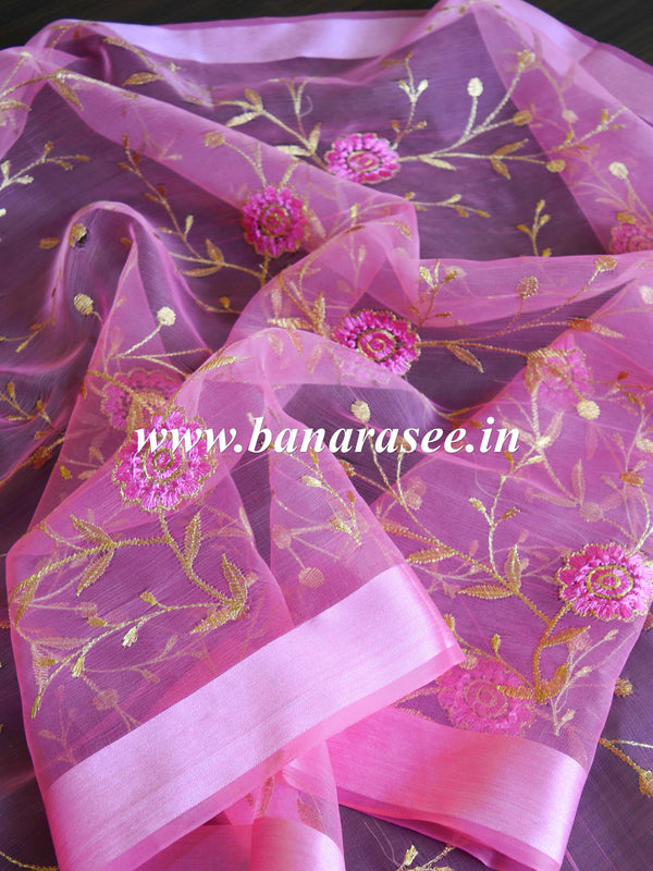 Banarasee Embroidered Gold Jaal Design Organza Dupatta-Pink