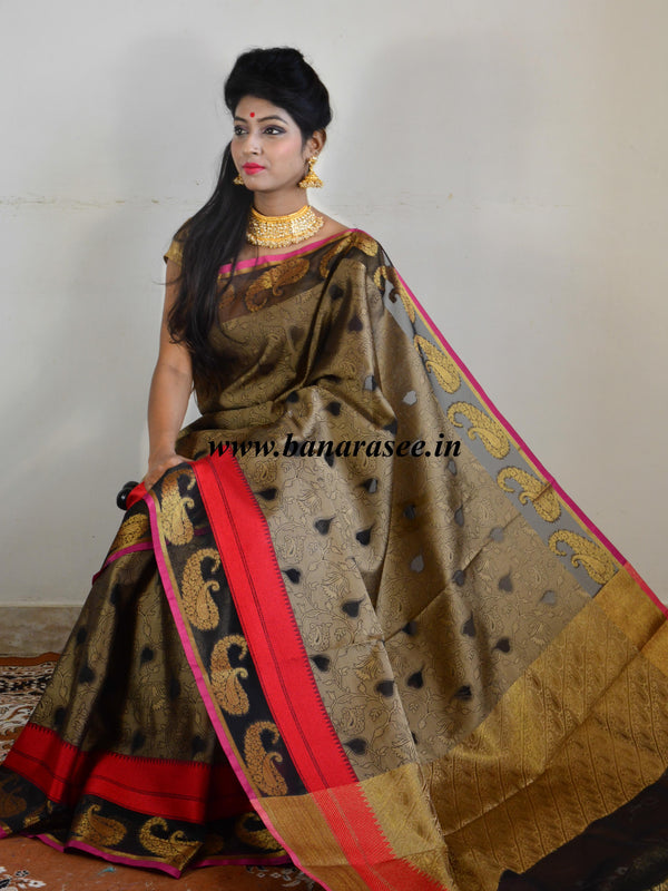 Banarasee Cotton Silk Tanchoi Weave Saree With Paisley Zari & Resham Border-Brown