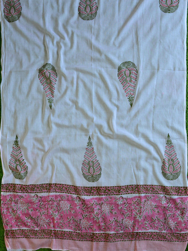 Handloom Mul Cotton Batik Pattern Suit Set-White & Pink