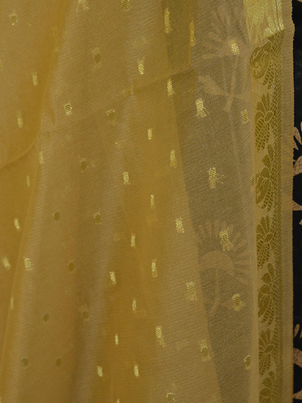 Banarasee Hand-Block Printed Chanderi Salwar Kameez Fabric With Golden Dupatta-Black