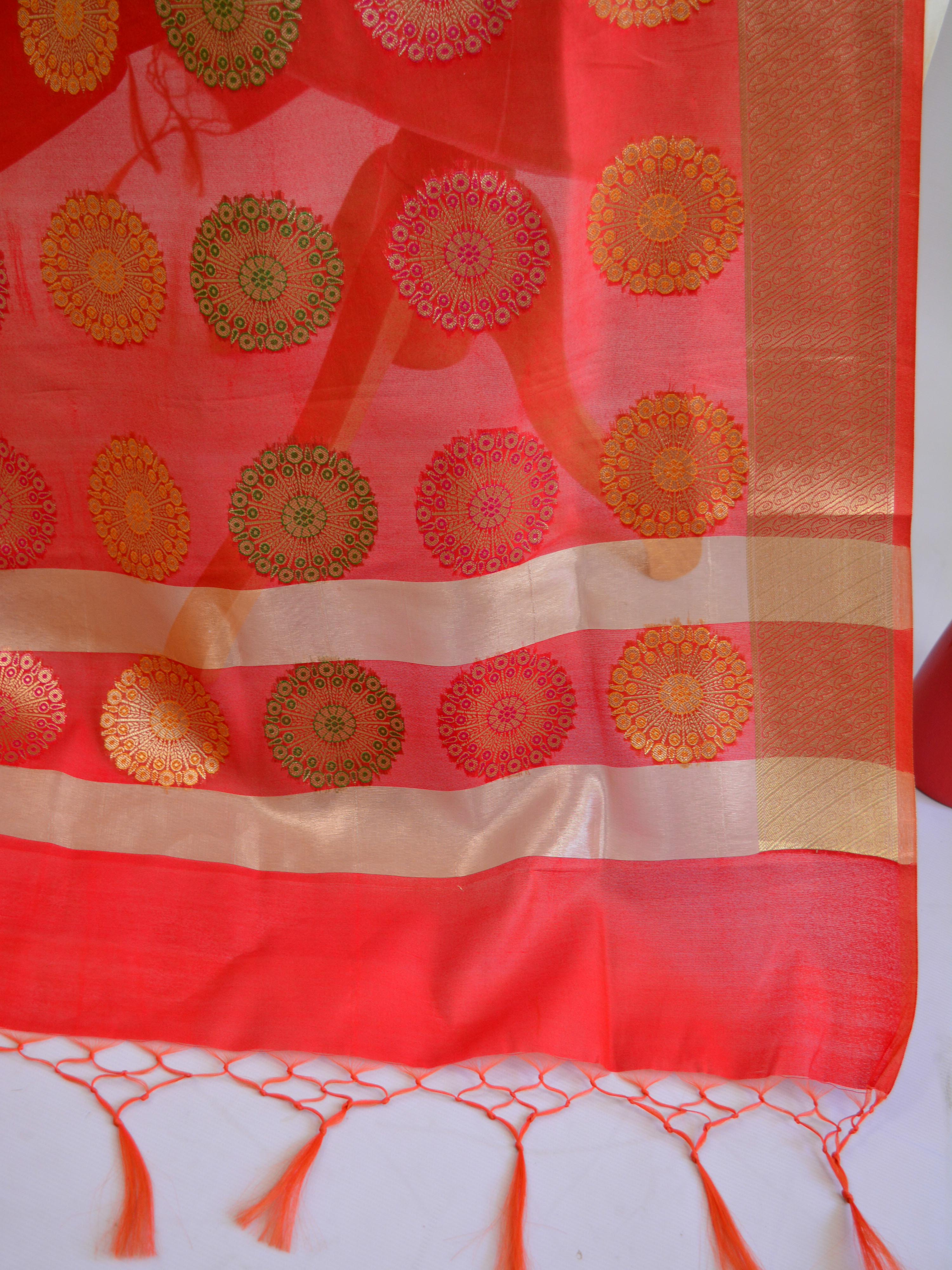 Banarasee Art Silk Dupatta With Gold Zari Buta Design-Red