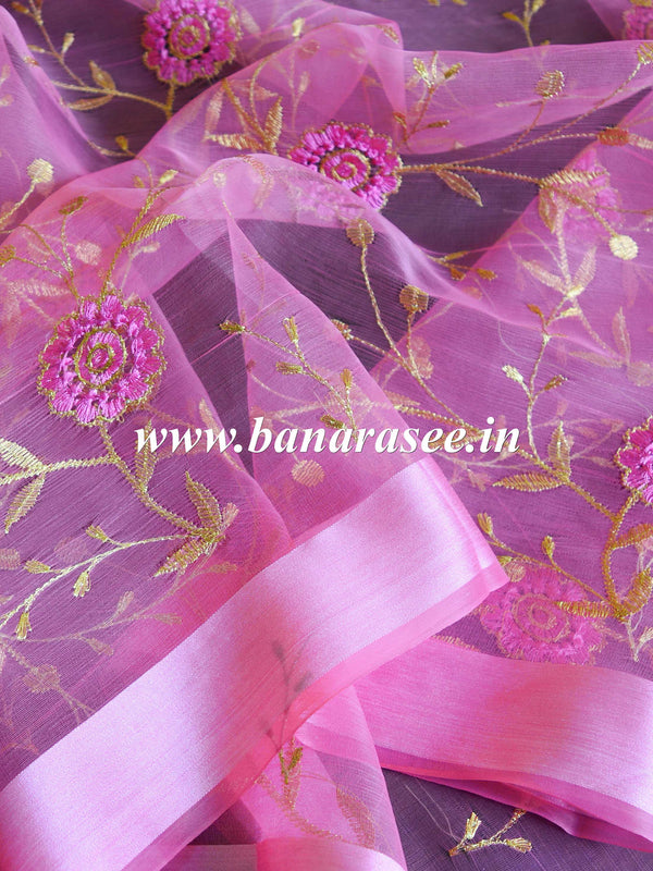 Banarasee Embroidered Gold Jaal Design Organza Dupatta-Pink