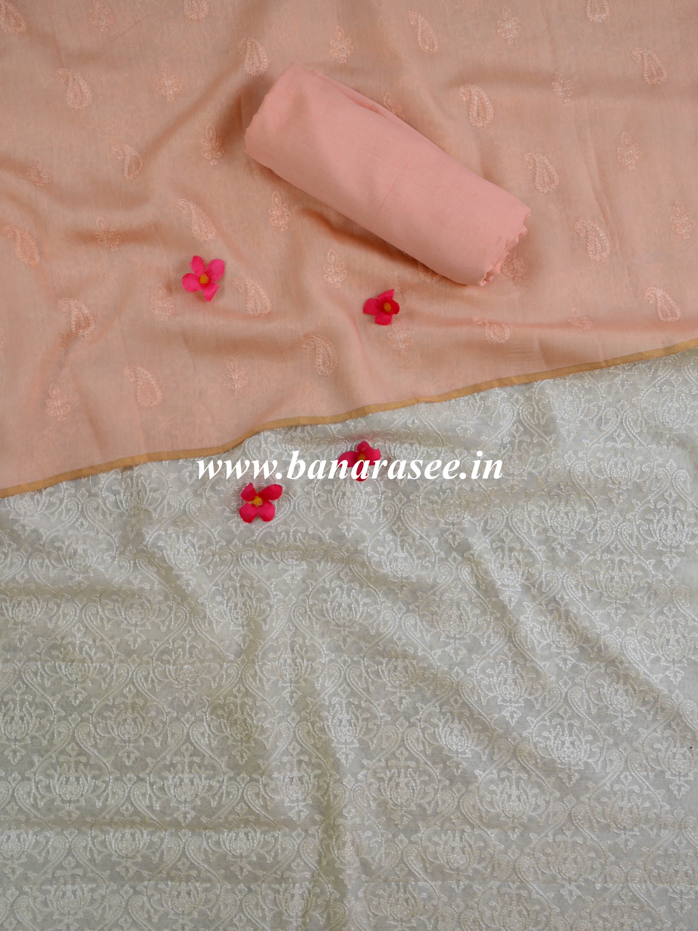 Chikankari Handloom Chanderi Cotton Salwar Kameez Set-White & Peach