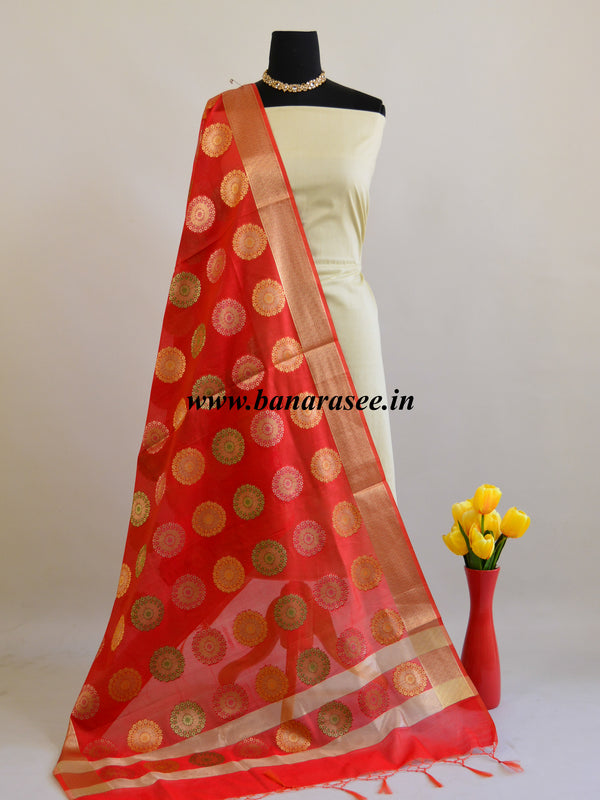 Banarasee Art Silk Dupatta With Gold Zari Buta Design-Red