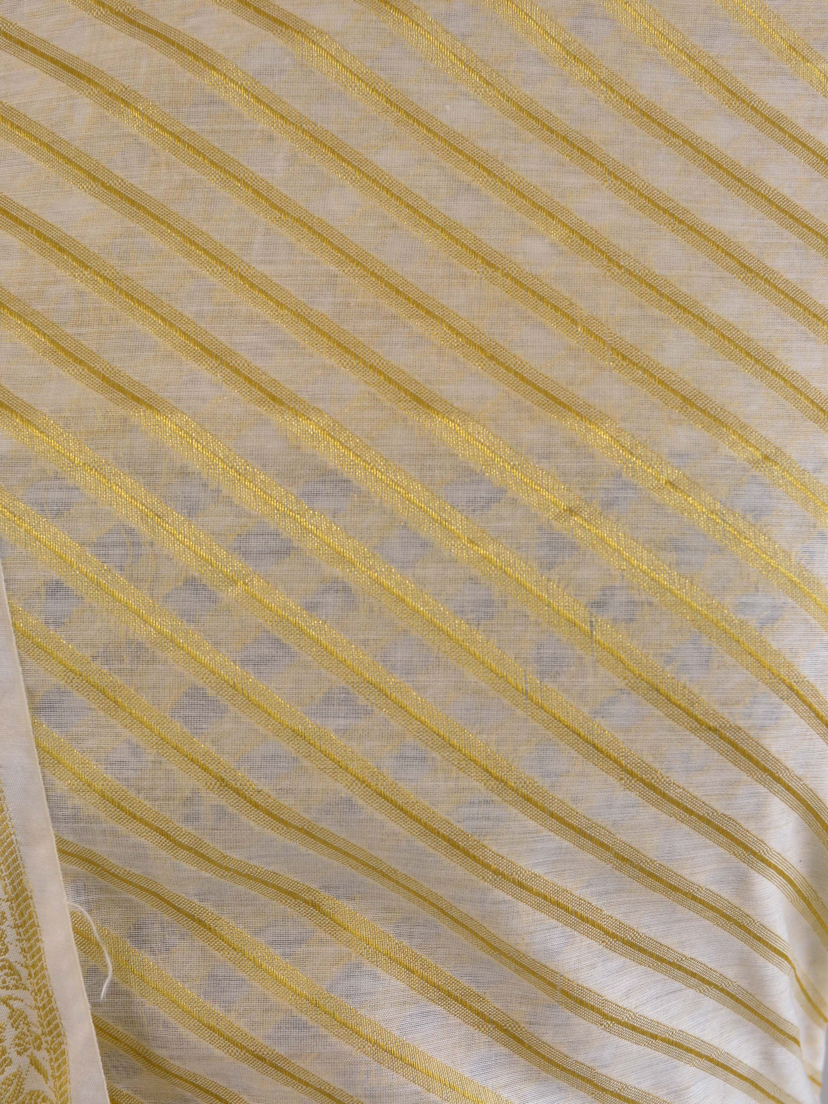 Banarasee Salwar Kameez Cotton Silk Gold Zari Stripes Woven Fabric-Off white