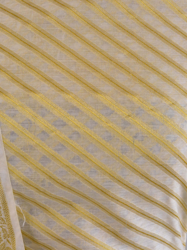 Banarasee Salwar Kameez Cotton Silk Gold Zari Stripes Woven Fabric-Off white