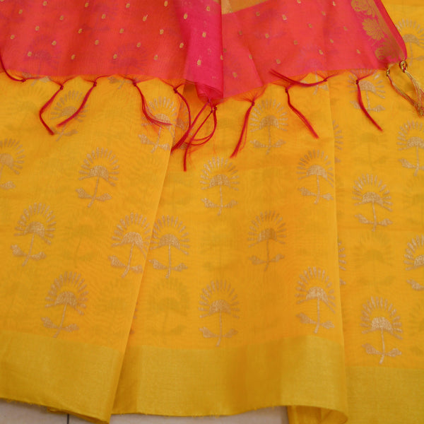Banarasee Hand-Block Printed Chanderi Salwar Kameez Fabric With Pink Dupatta-Yellow