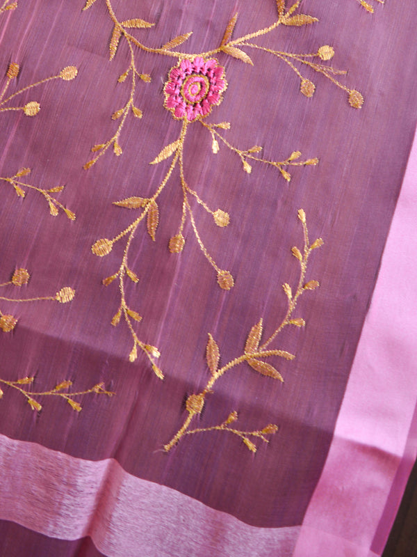 Banarasee Embroidered Gold Jaal Design Organza Dupatta-Pink