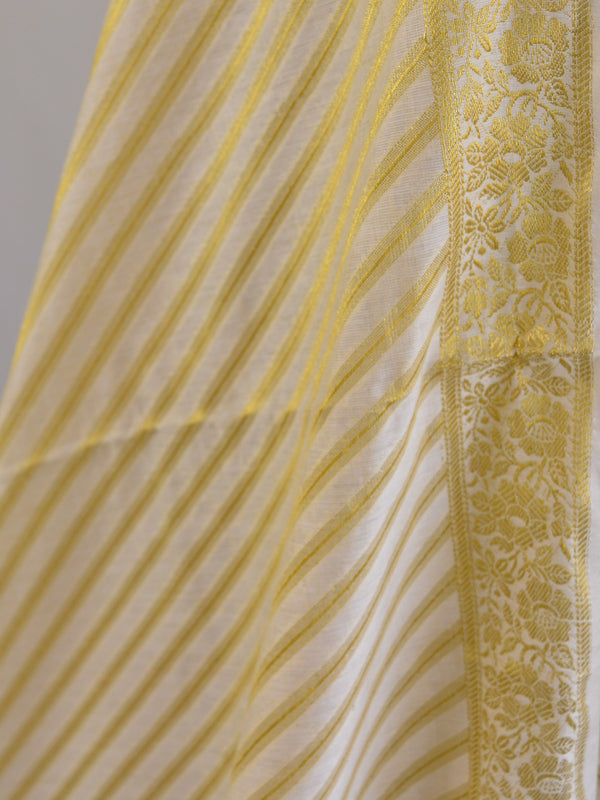 Banarasee Salwar Kameez Cotton Silk Gold Zari Stripes Woven Fabric-Off white