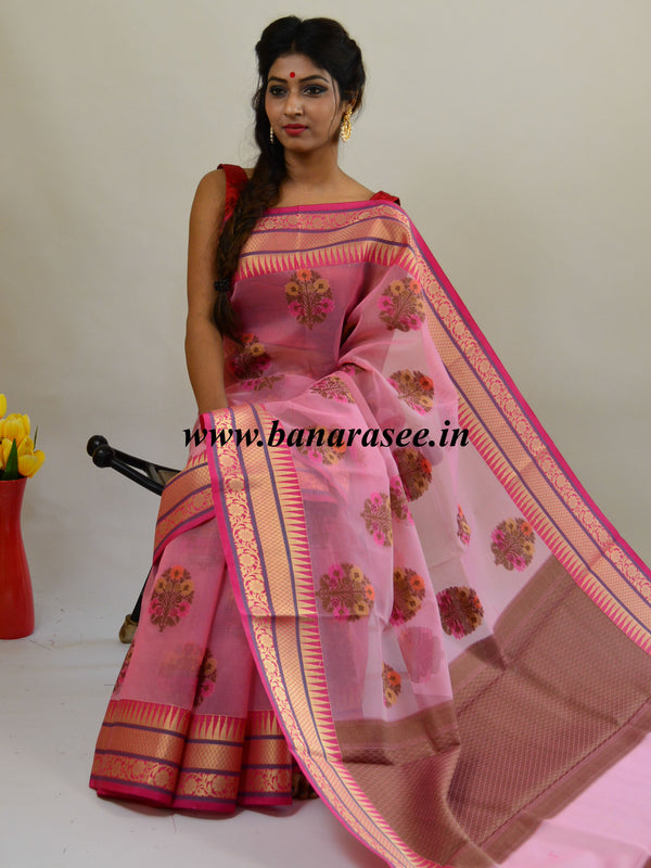 Banarasee Organza Mix Saree With Multicolor Floral Buta & Zari Border-Pink