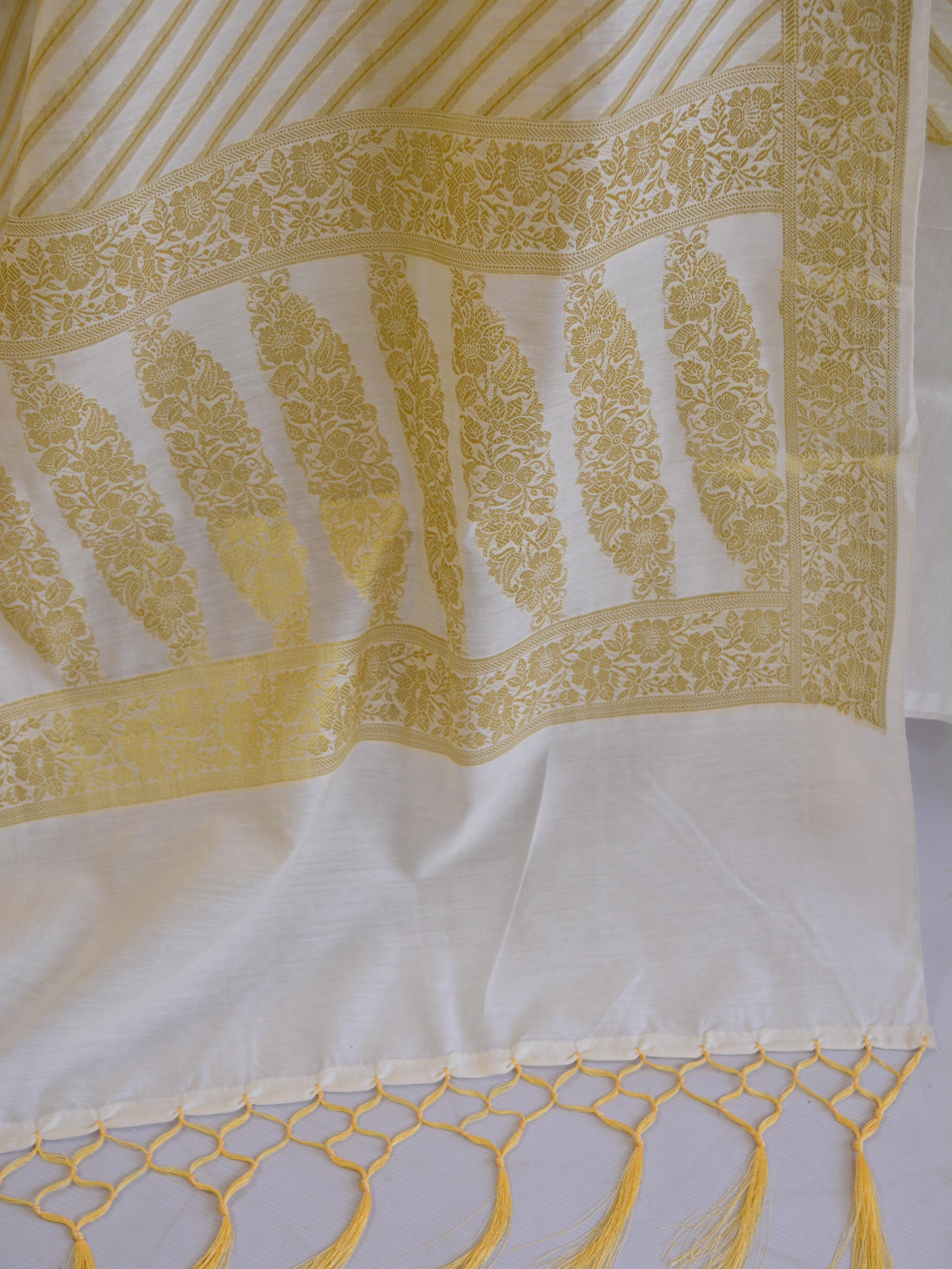Banarasee Salwar Kameez Cotton Silk Gold Zari Stripes Woven Fabric-Off white