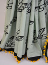 Handloom Mul Cotton Bagru Print Saree With Pom-Pom Details-Grey