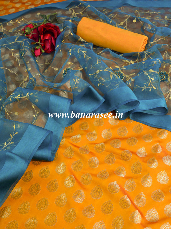 Banarasee Brocade Salwar Kameez Fabric With Organza Dupatta-Orange & Green