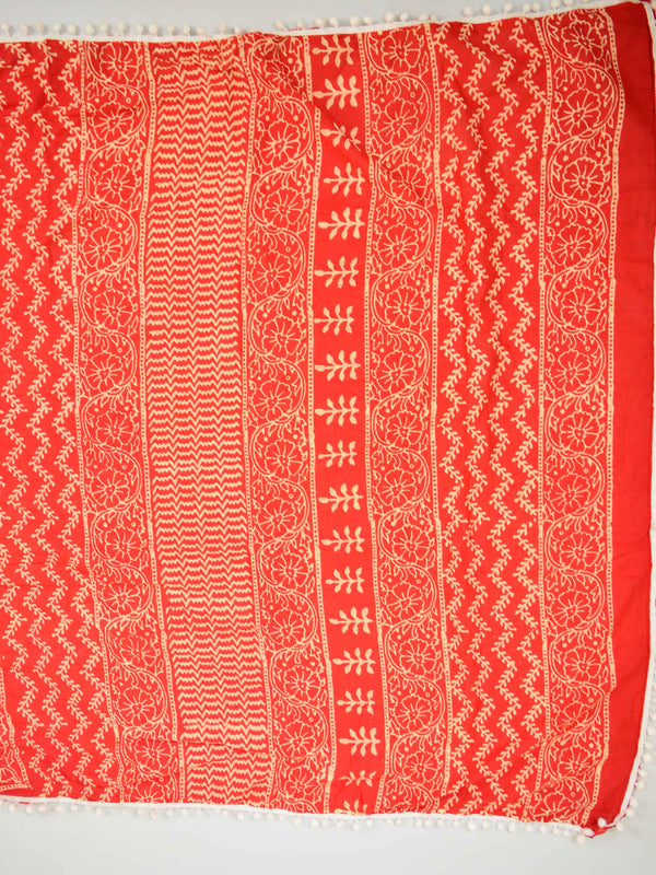 Handloom Mul Cotton Bagru Print Saree With Pom-Pom Details-Red