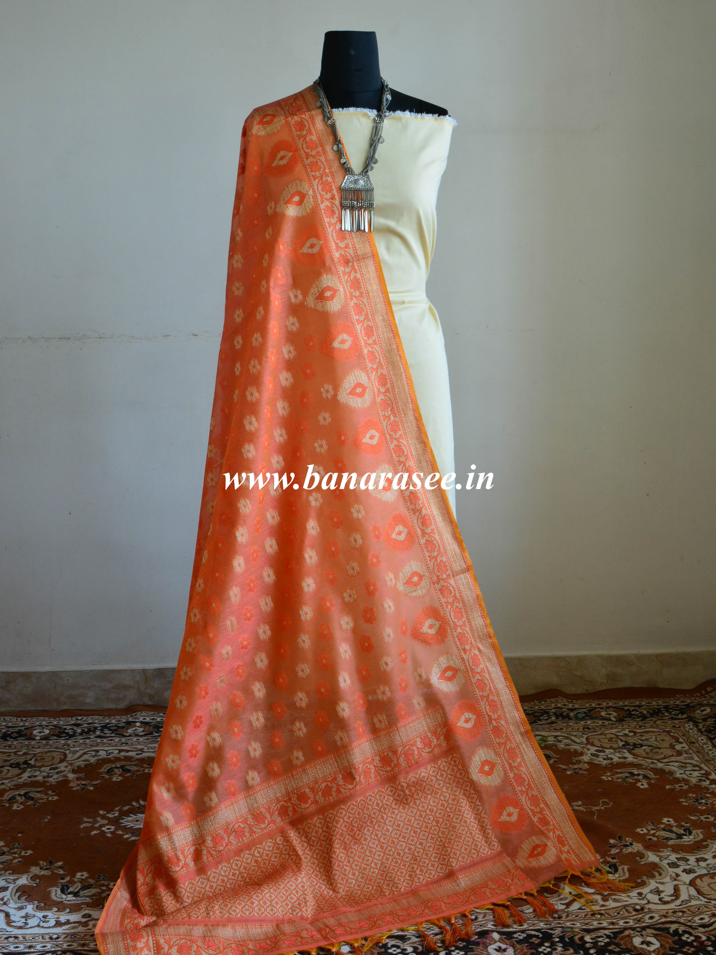 Banarasee Cotton Silk Resham Work Dupatta-Orange
