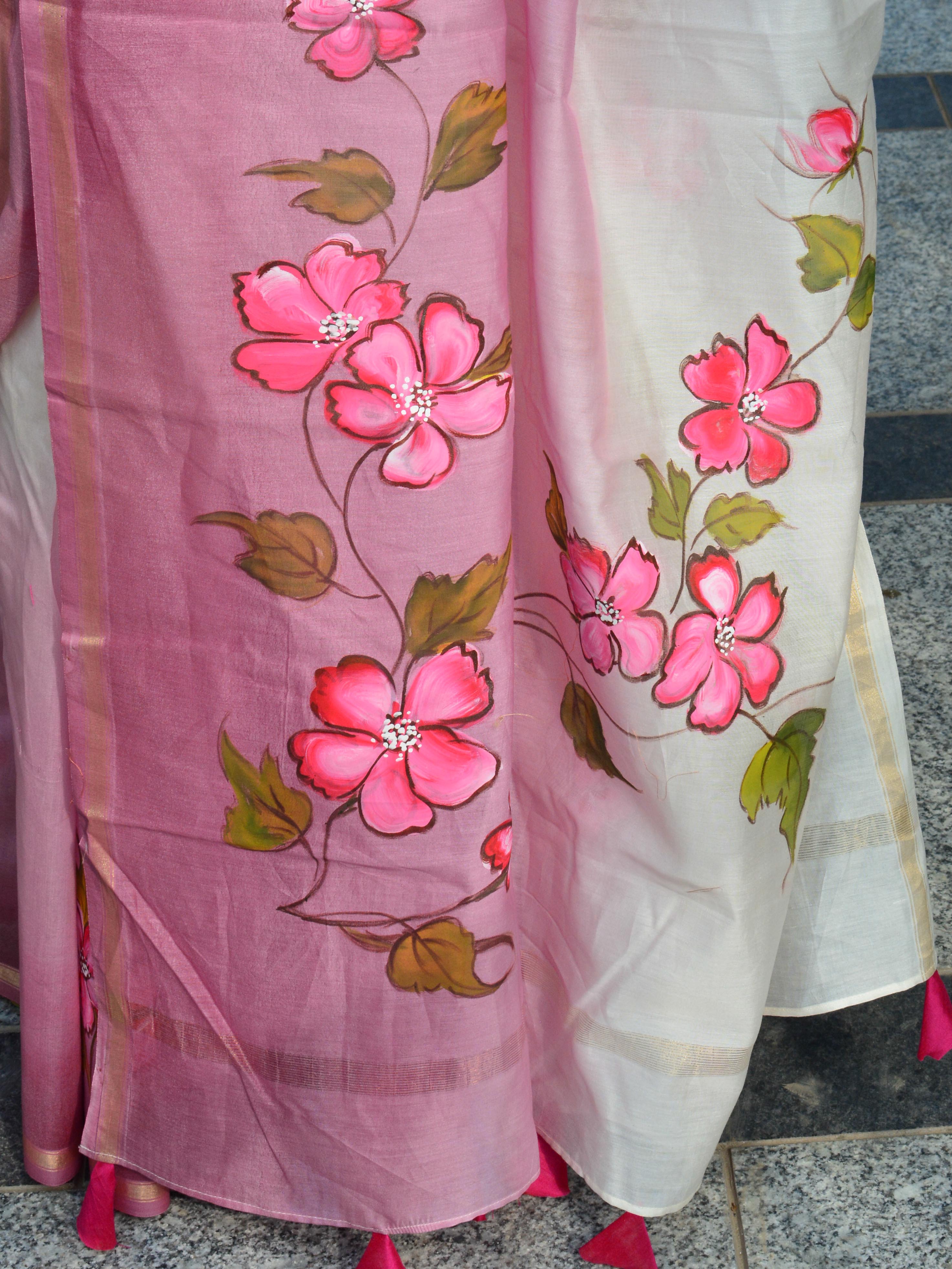 Banarasee Chanderi Handpainted Saree-White