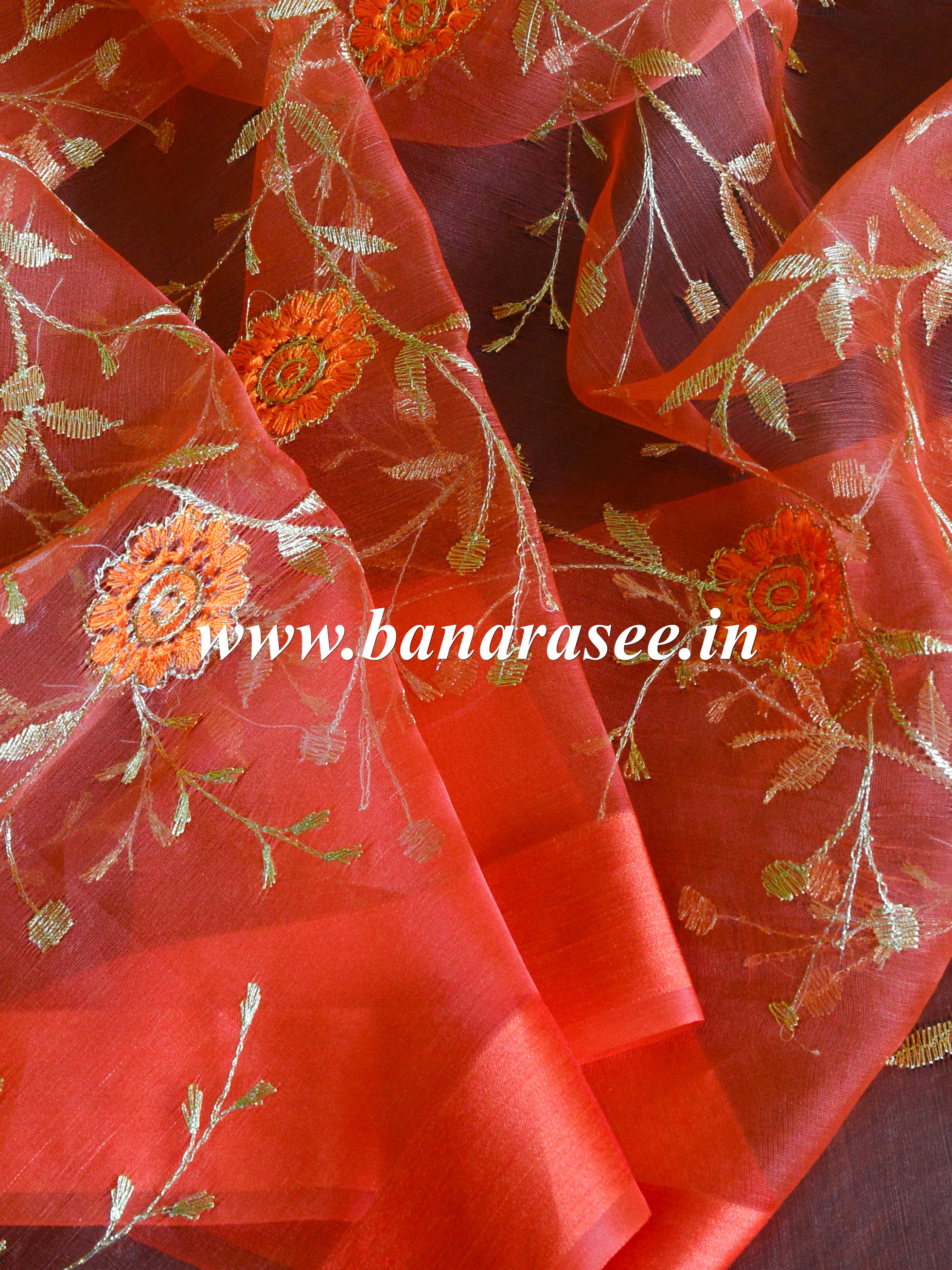 Banarasee Embroidered Gold Jaal Design Organza Dupatta-Orange