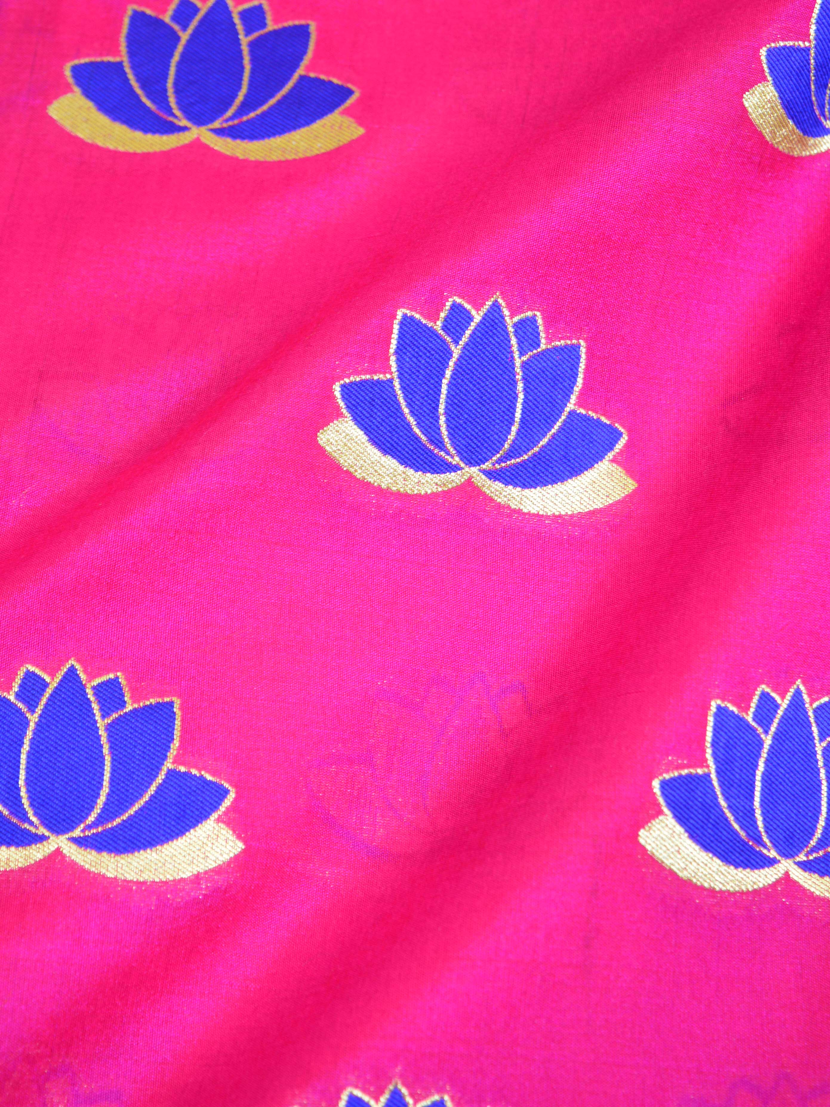 Banarasee Semi Katan Silk Lotus Buti Design Fabric-Magenta
