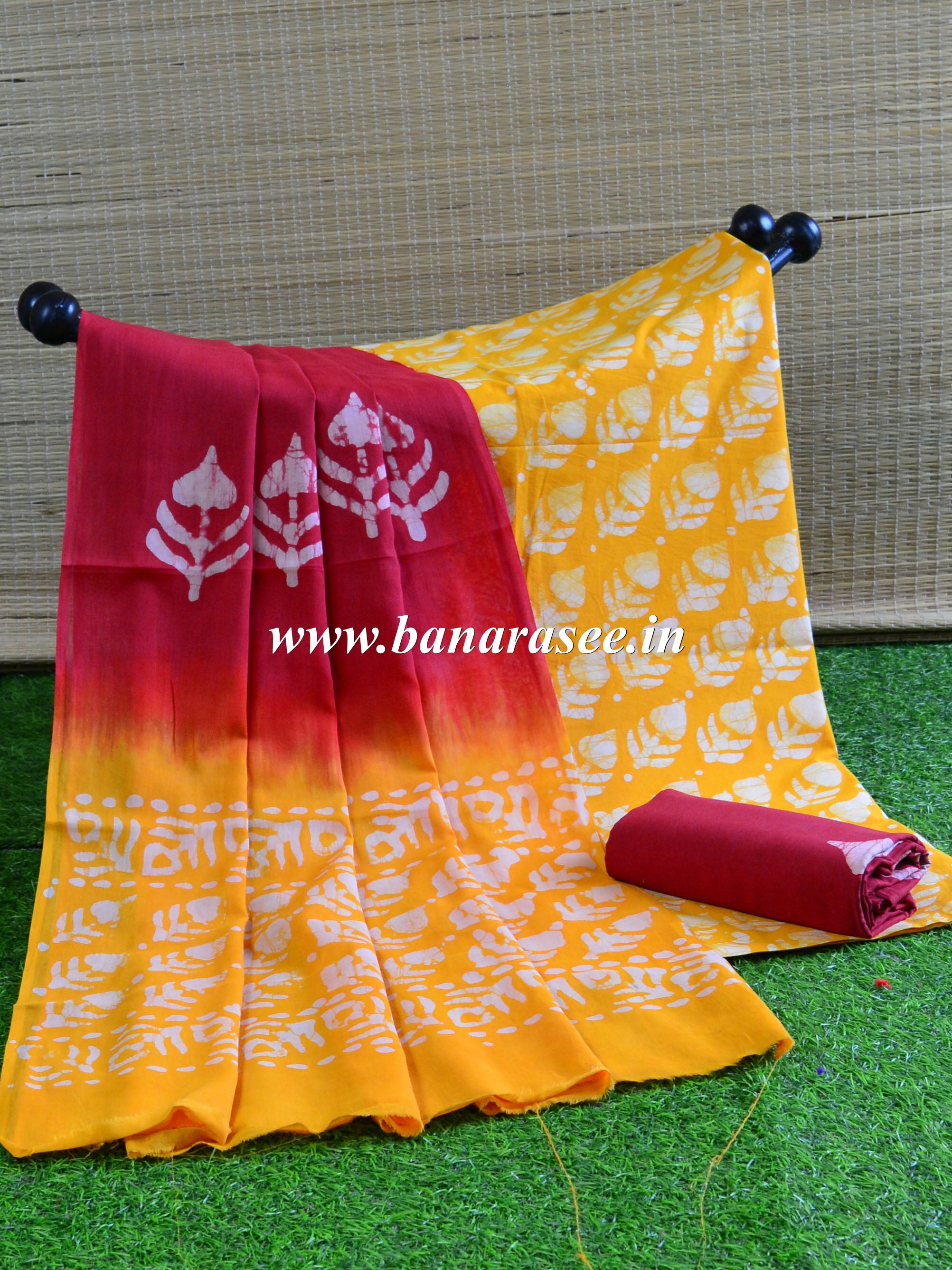 Handloom Mul Cotton Batik Pattern Suit Set-Yellow & Red