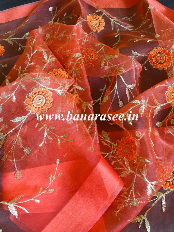 Banarasee Embroidered Gold Jaal Design Organza Dupatta-Orange