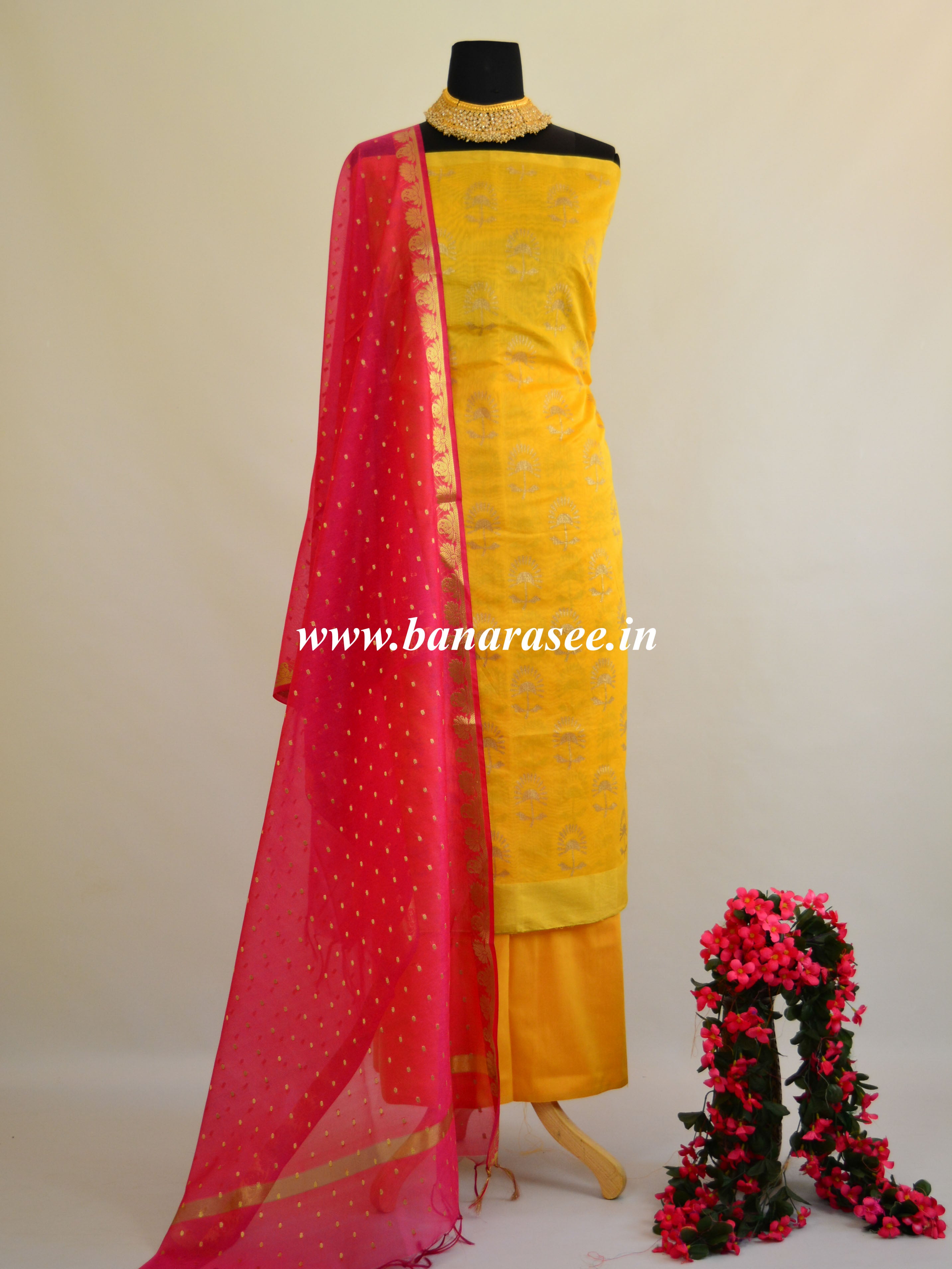 Banarasee Hand-Block Printed Chanderi Salwar Kameez Fabric With Pink Dupatta-Yellow