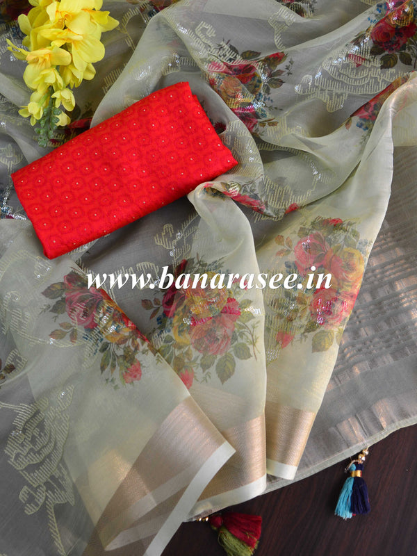Banarasee Organza Silk Saree With Digital Print & Red Embroidered Blouse-Green