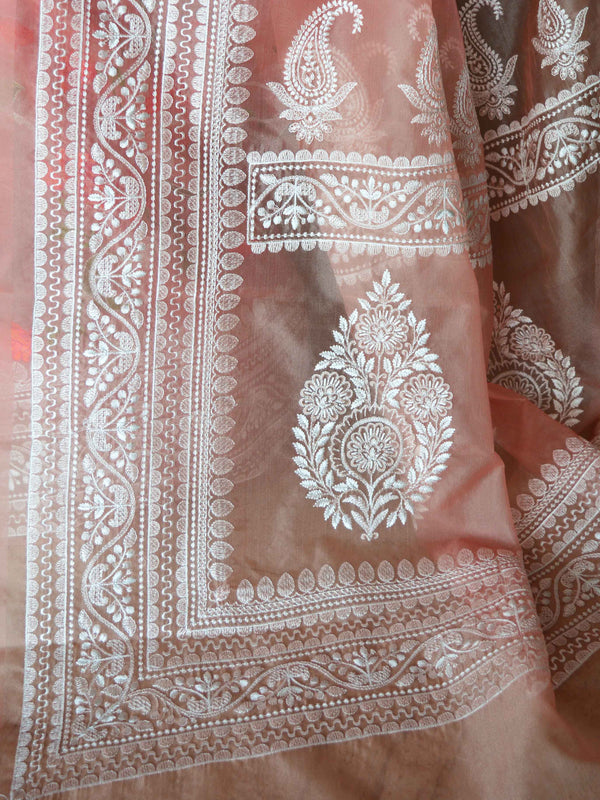 Banarasee Handwoven Organza Silk Multicolour Resham Floral Embroidery Saree-Peach