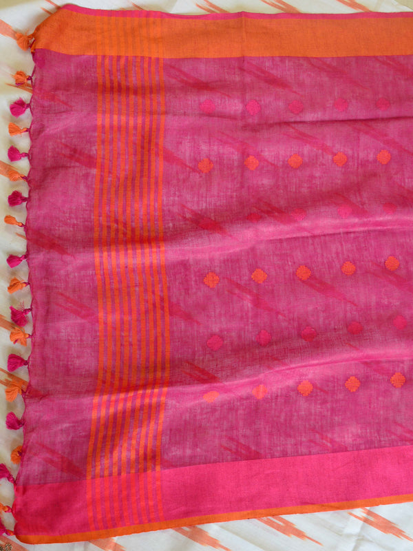 Bhagalpuri Pure Ikkat Kameez With Pink Linen Dupatta-White