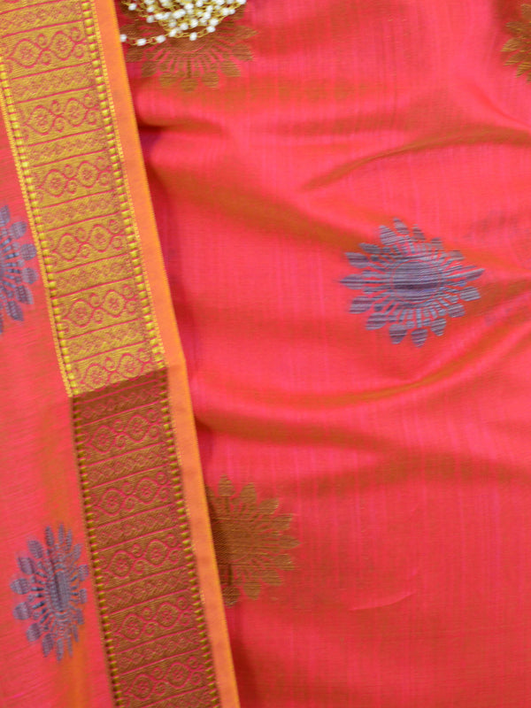 Banarasee Chanderi Cotton Salwar Kameez Fabric With Resham Buta Design-Red