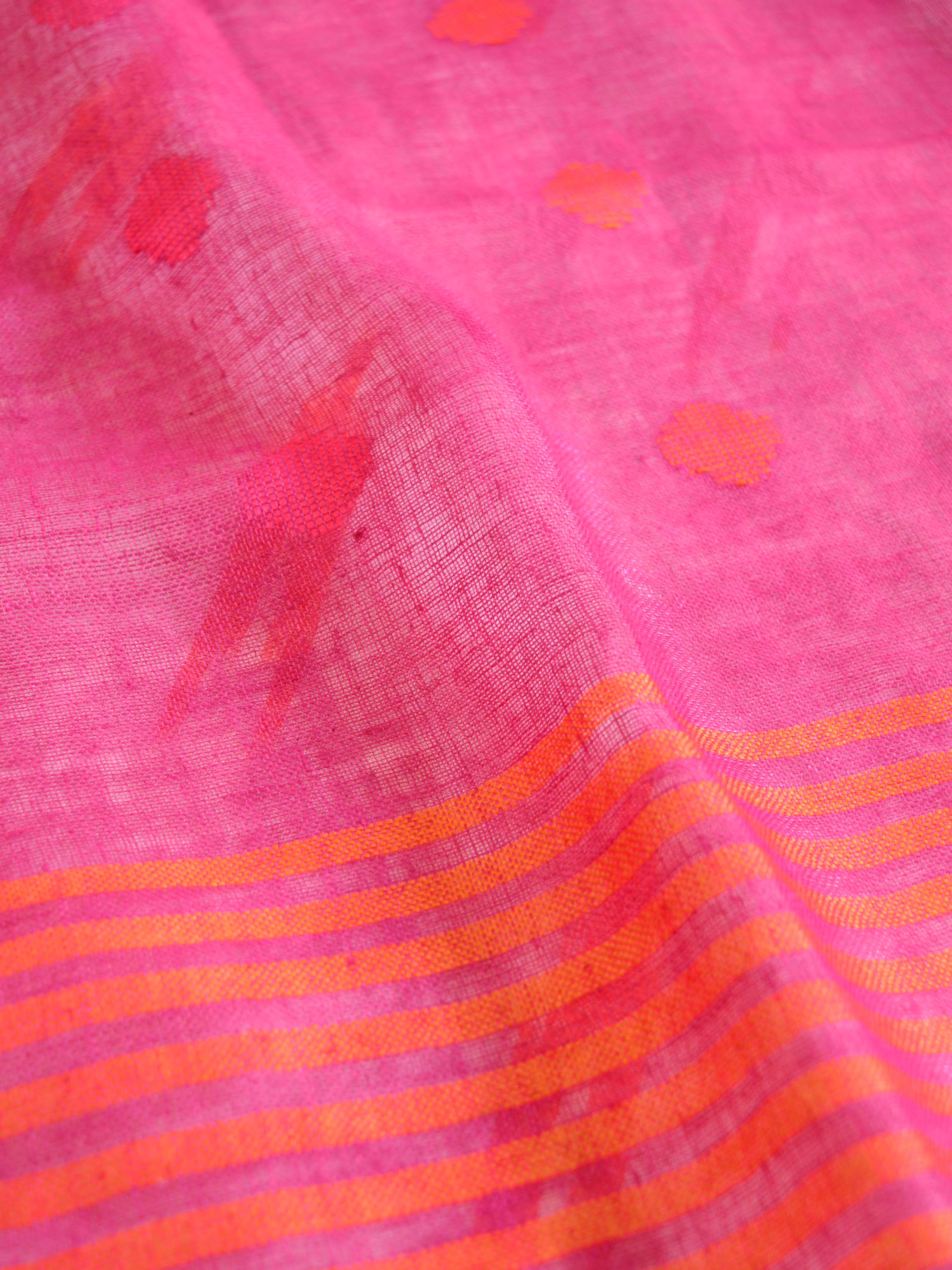 Bhagalpuri Pure Ikkat Kameez With Pink Linen Dupatta-White