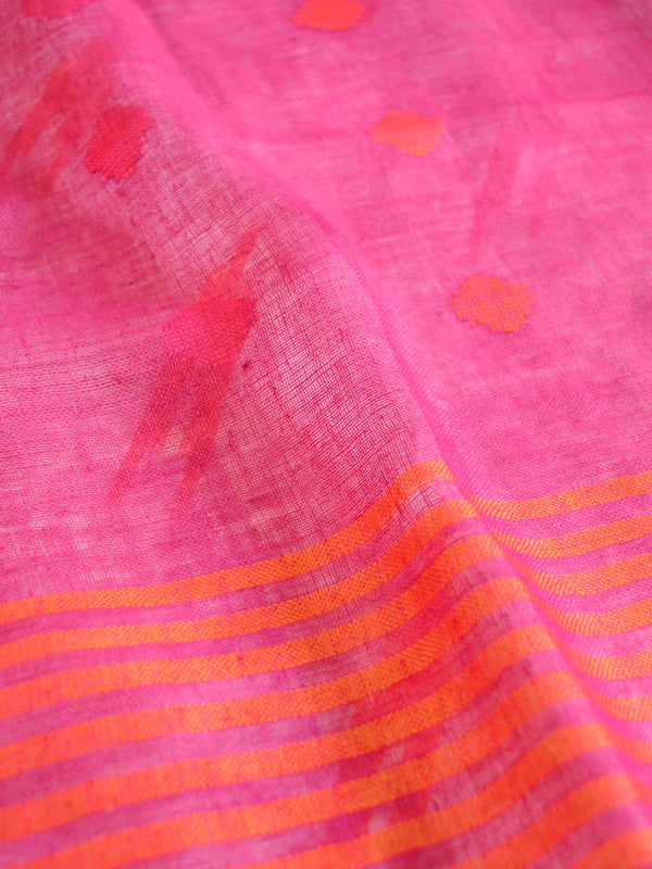 Bhagalpuri Pure Ikkat Kameez With Pink Linen Dupatta-White