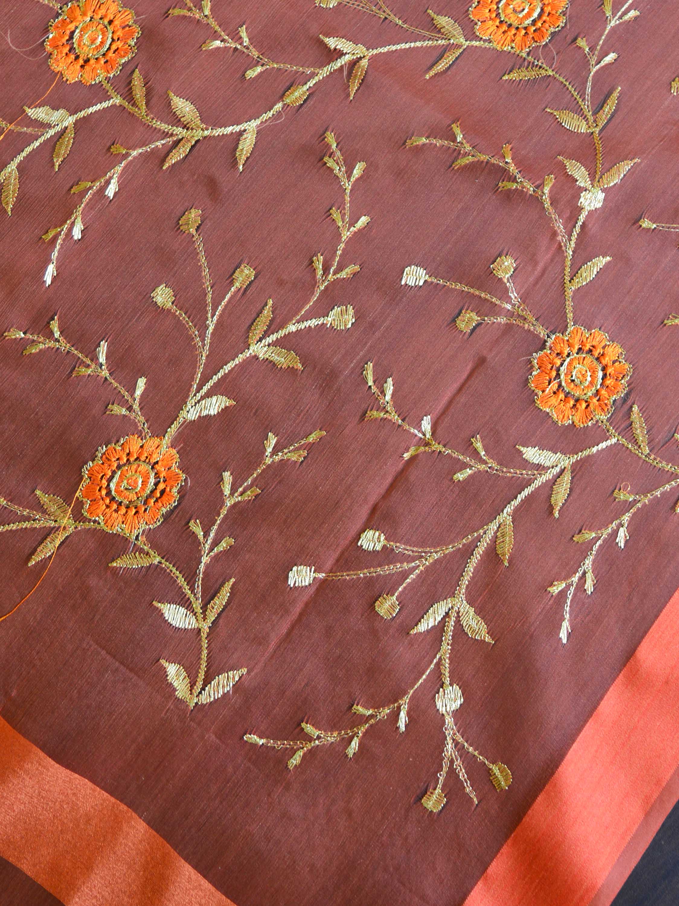 Banarasee Embroidered Gold Jaal Design Organza Dupatta-Orange